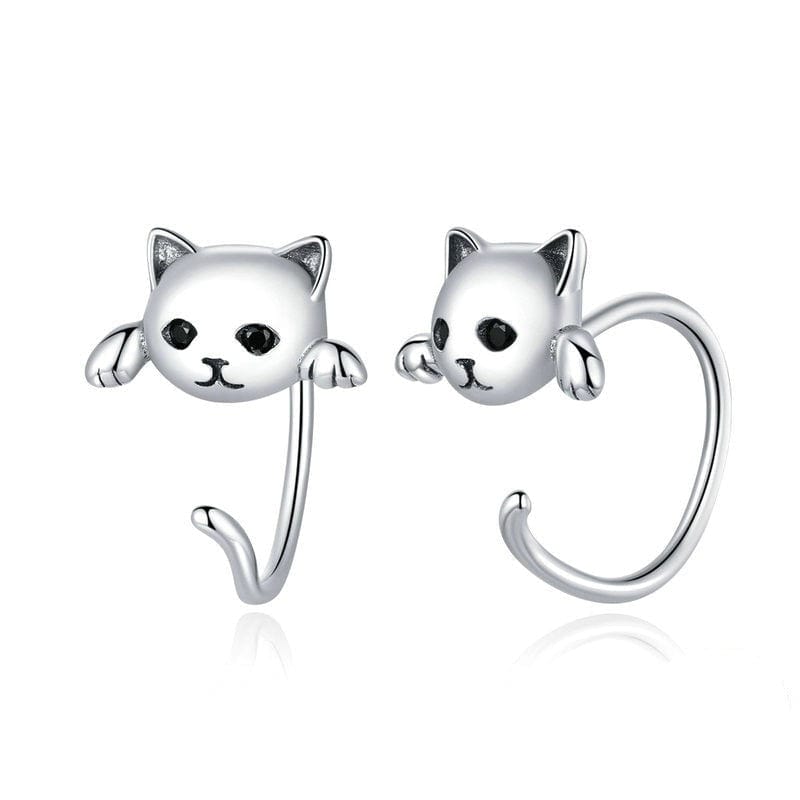 Lazy Cat Earrings curled tail hook design close up