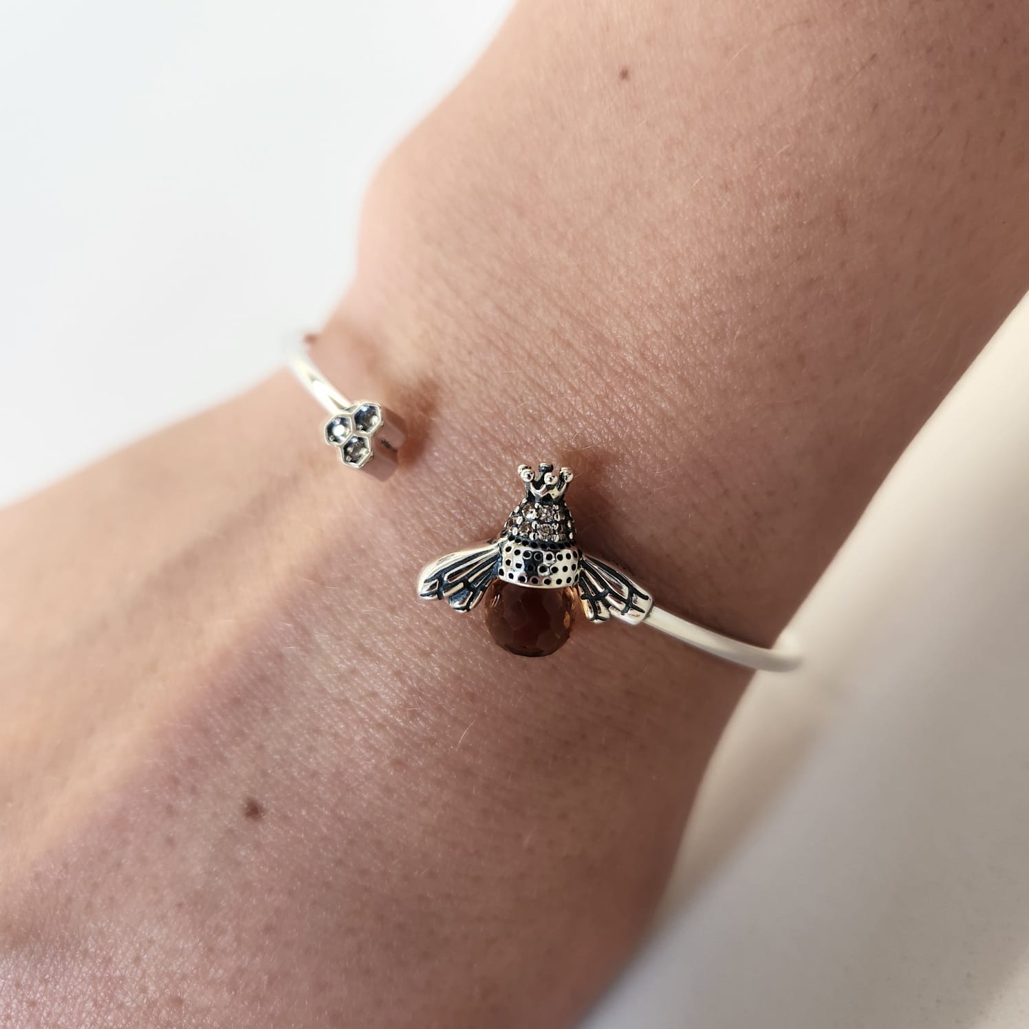 Queen Bee Bangle Bracelet flat lay 925 sterling silver