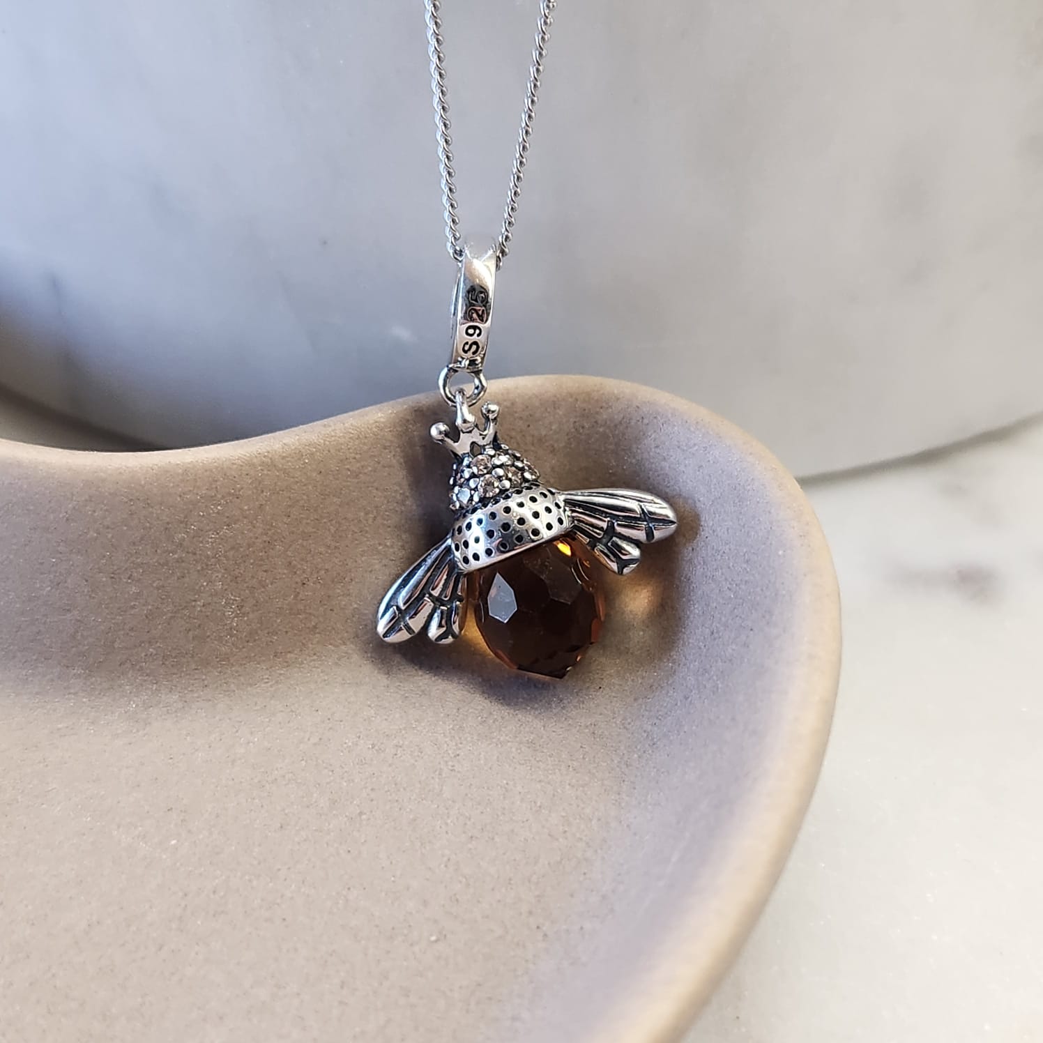 Bee Pendant Necklace pavé CZ crown detail 925 sterling silver