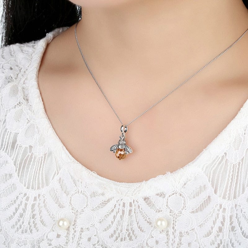Bee Pendant Necklace faceted amber crystal body 925 Sterling Silver