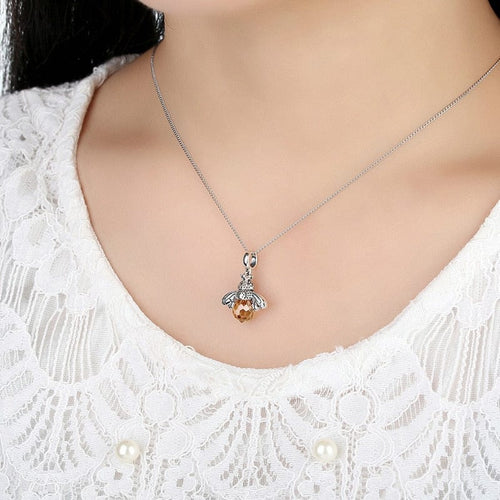 Bee Pendant Necklace faceted amber crystal body 925 Sterling Silver