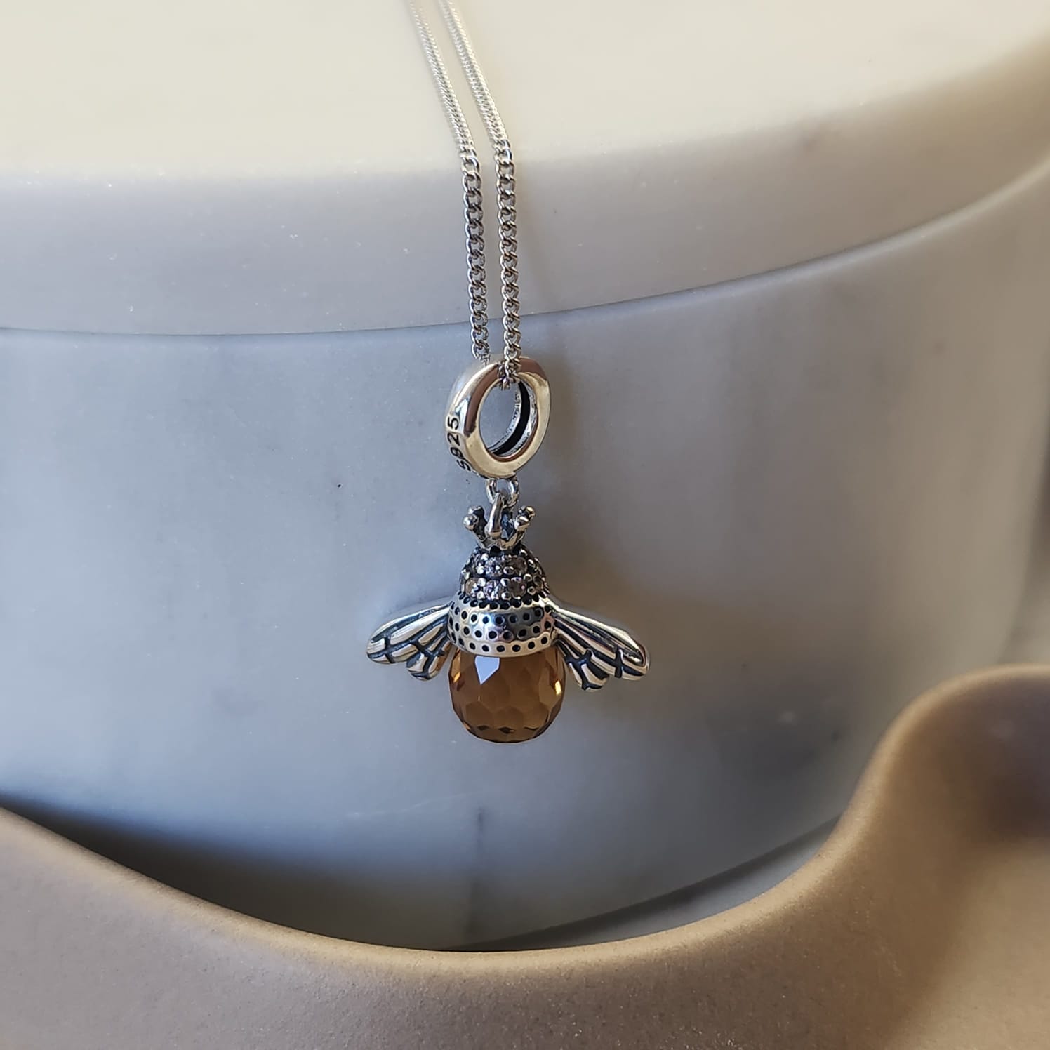 Suprene Collective Bee Pendant Necklace 925 Sterling Silver oxidised finish pavé CZ