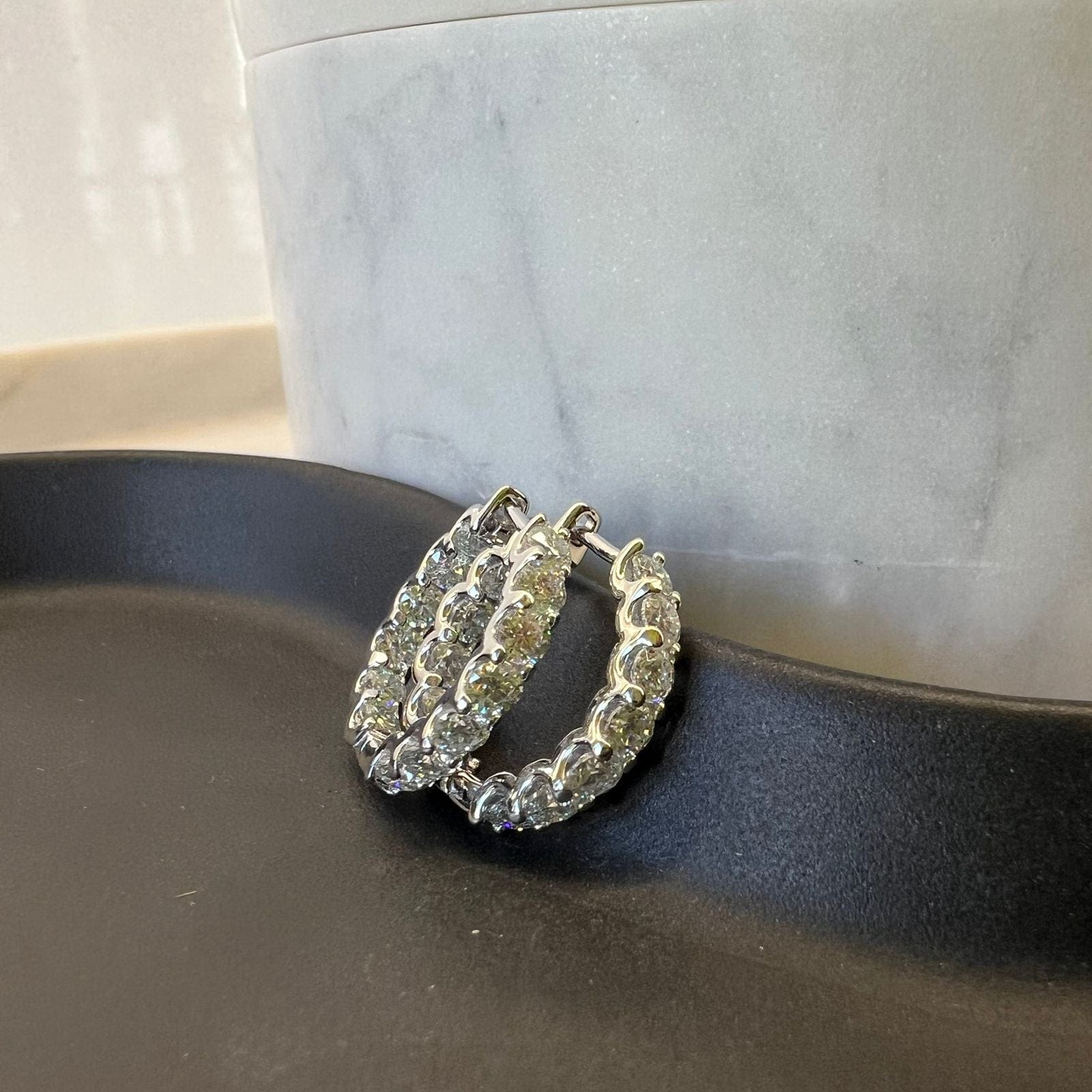 13 Stone Moissanite Huggie Earrings 2cm diameter worn on ear