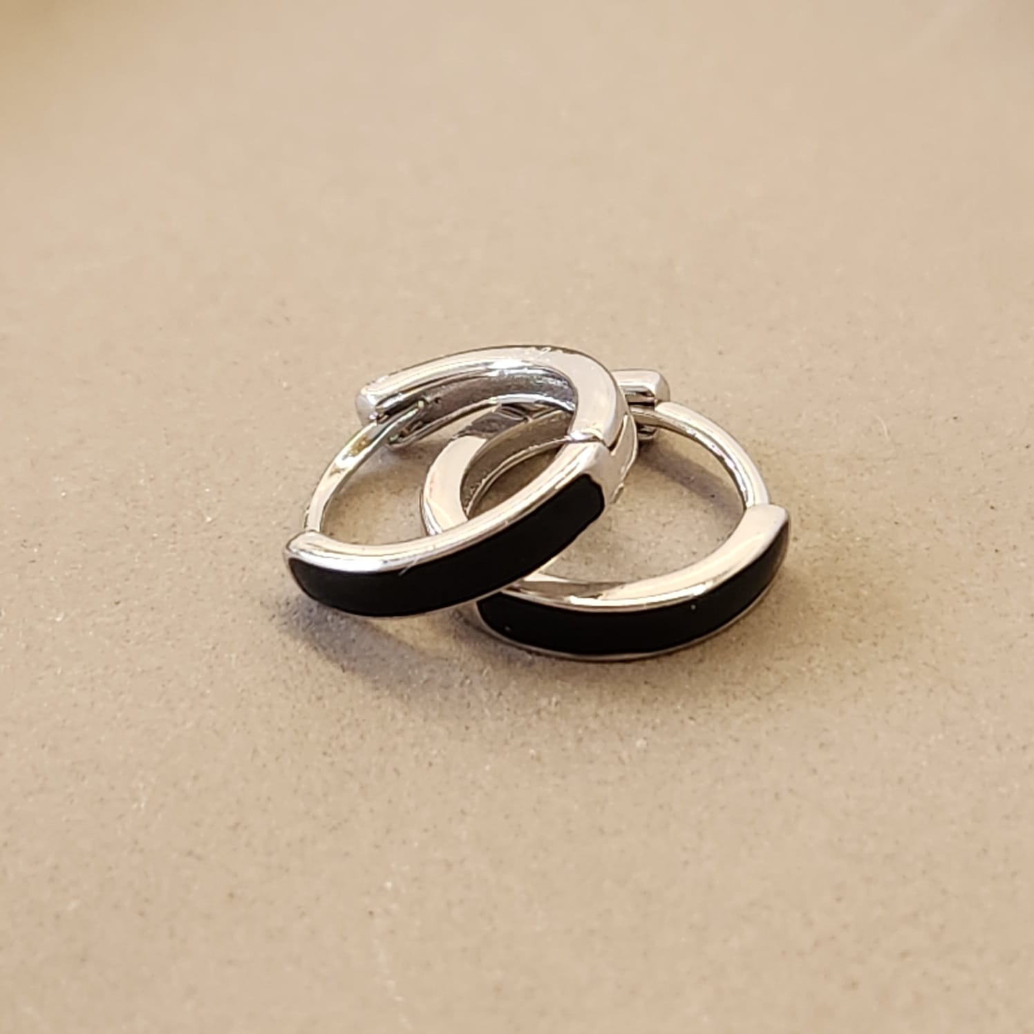 Black Inlay Huggie Earrings 1.2cm 925 Sterling Silver close up