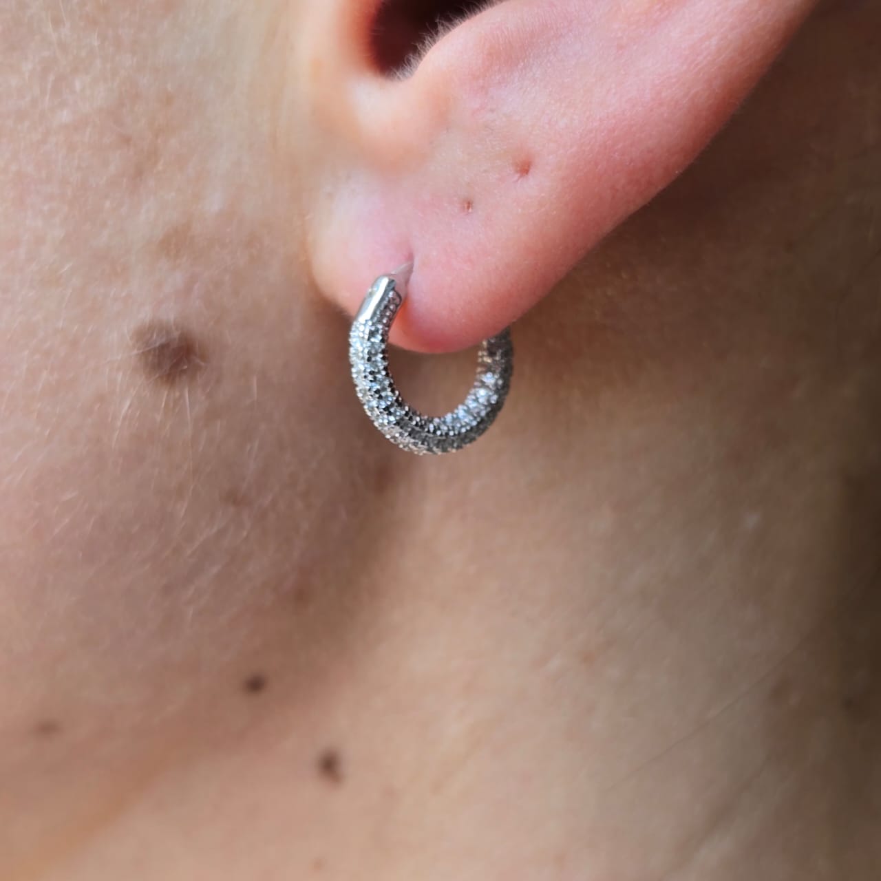 CZ Crusted Huggie Earrings 925 Sterling Silver close up