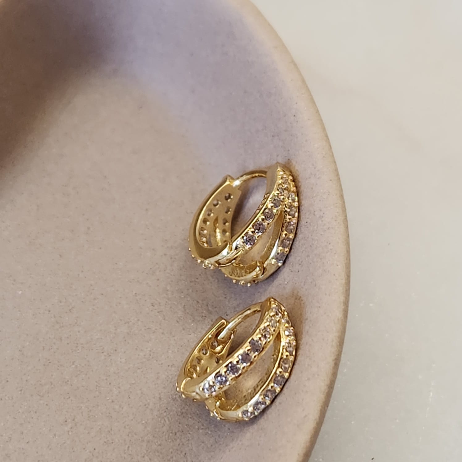 Double Hoop Huggie Earrings silver tone two parallel hoops CZ detail
