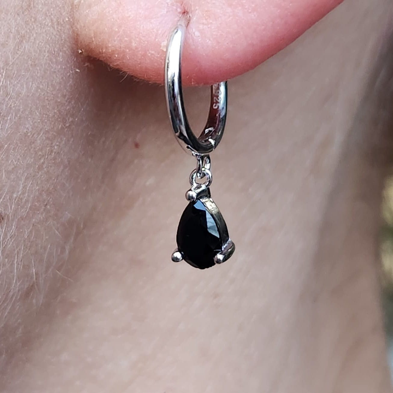 Stone Drop Earrings 925 Sterling Silver platinum plated hoop detail
