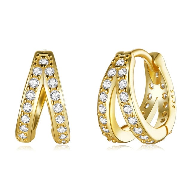 Double Hoop Huggie Earrings gold tone 925 Sterling Silver worn on ear