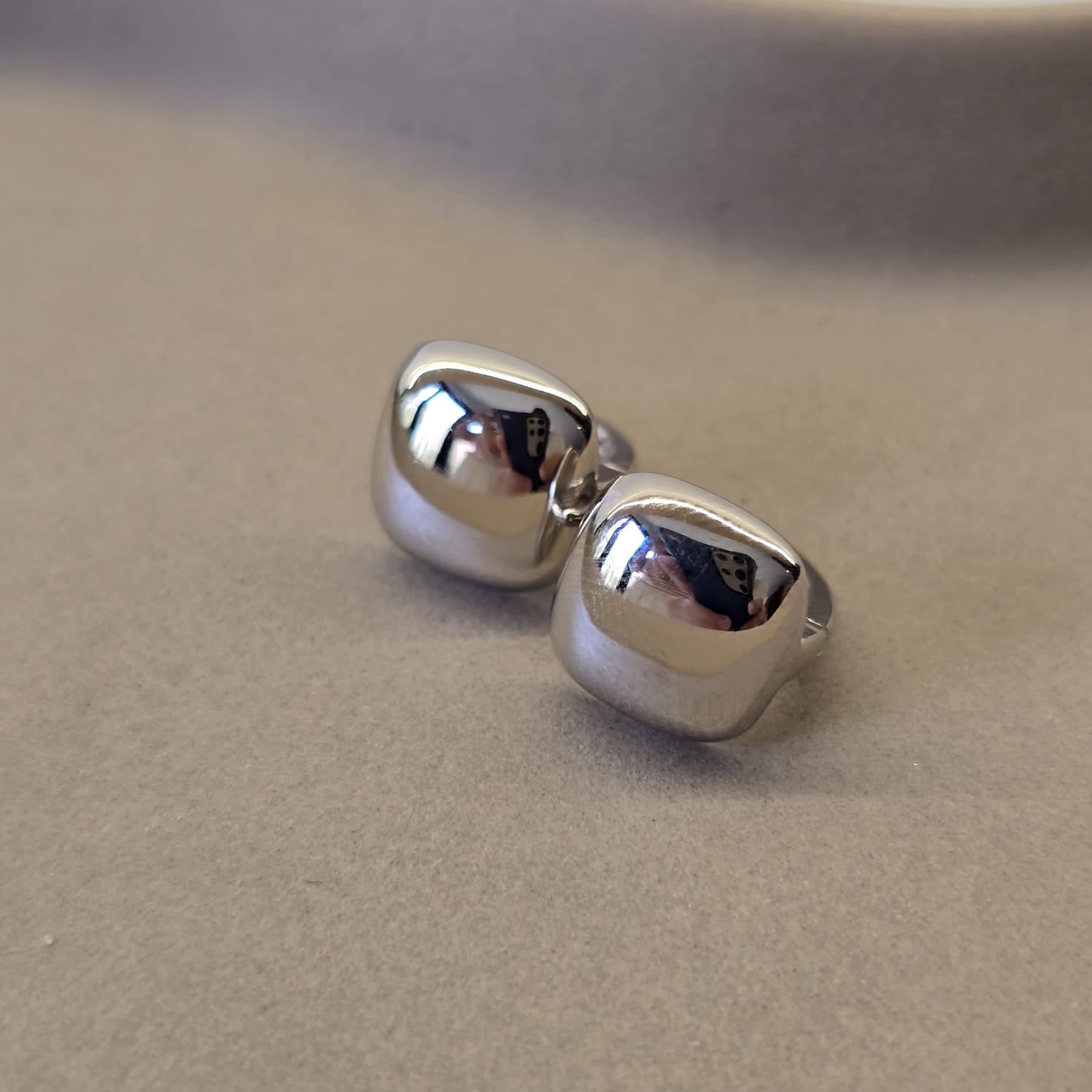 Suprene Collective Button Huggie Earrings silver tone 925 Sterling Silver domed square
