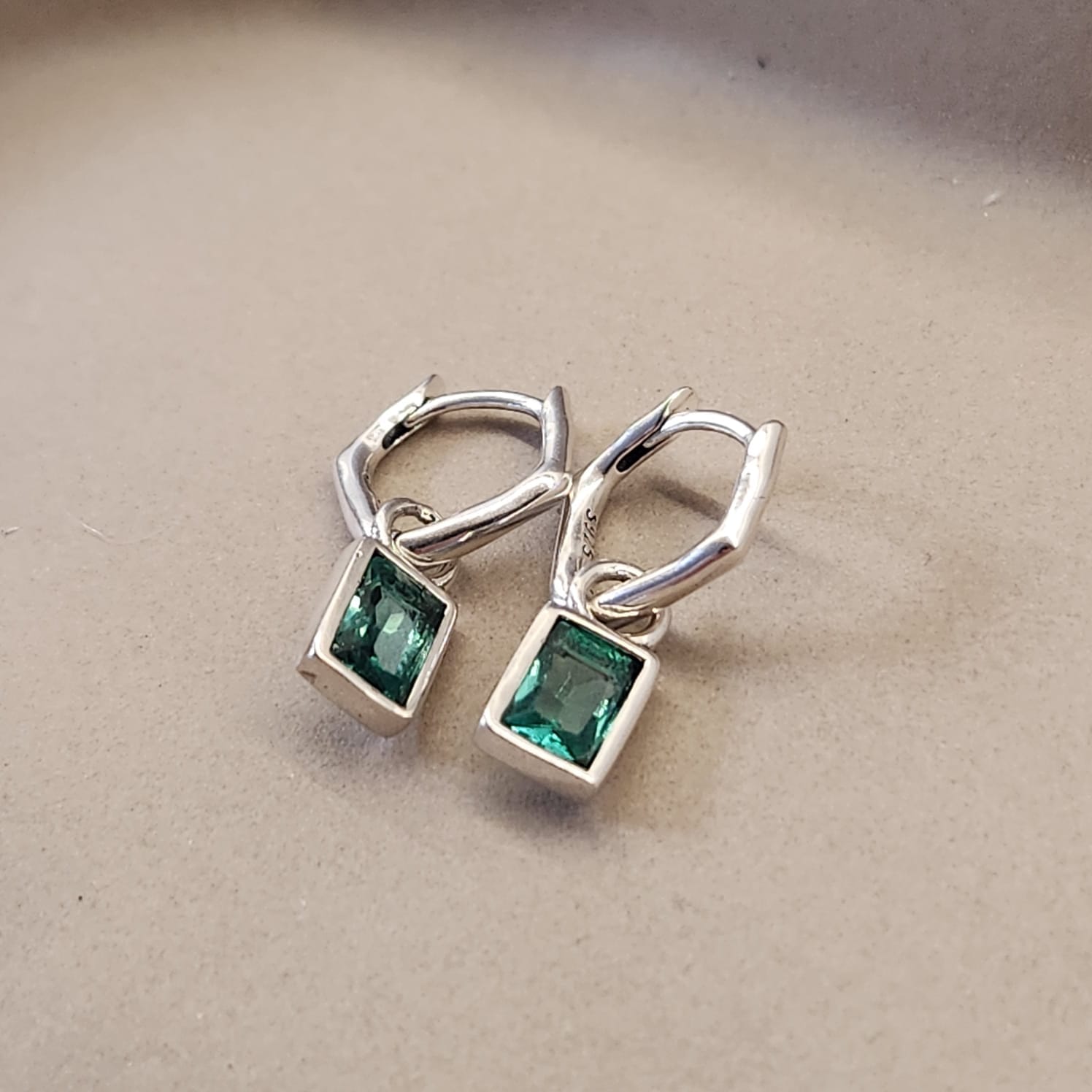 Teal CZ Pendant Earrings 925 Sterling Silver 2.1cm worn on ear