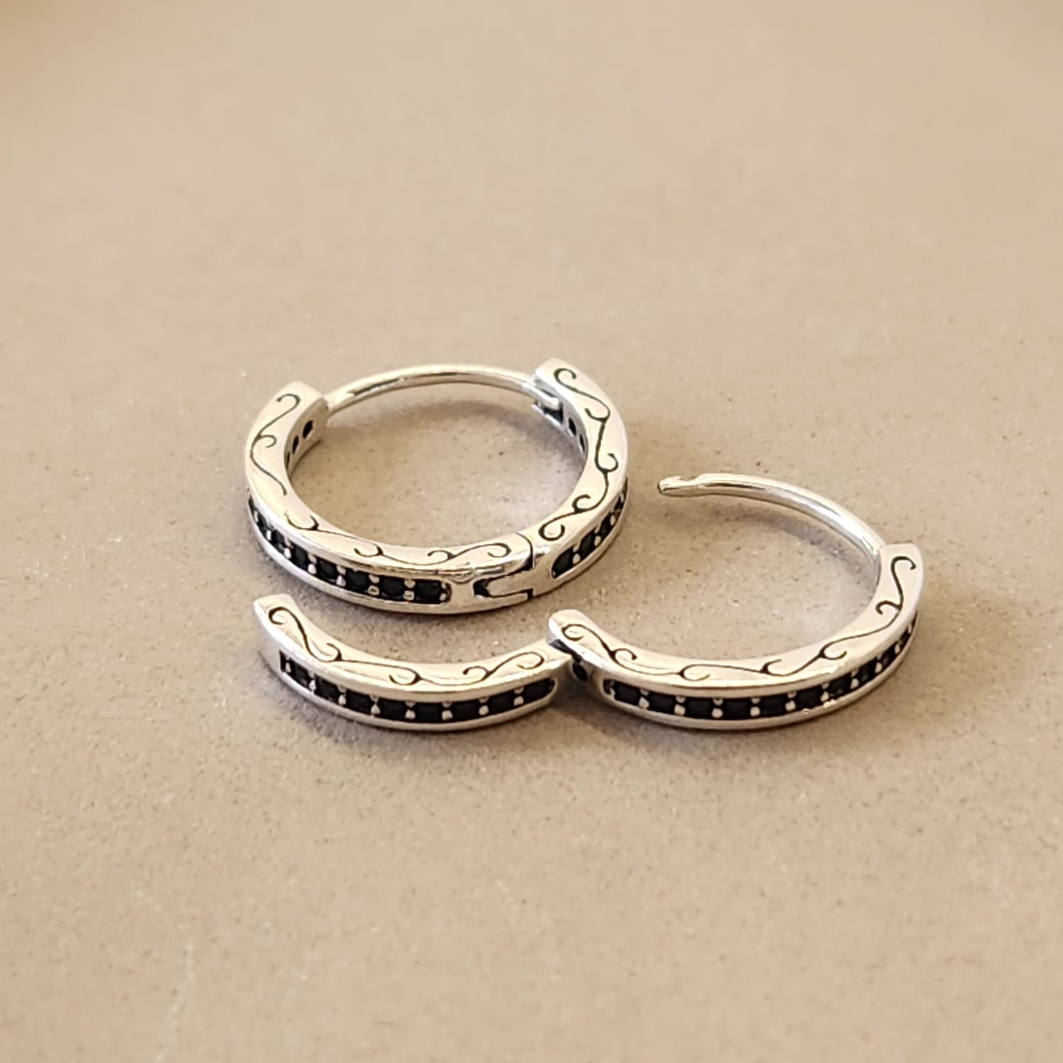 Suprene Collective Black Zircon Stone Huggie Earrings 925 Sterling Silver oxidised finish