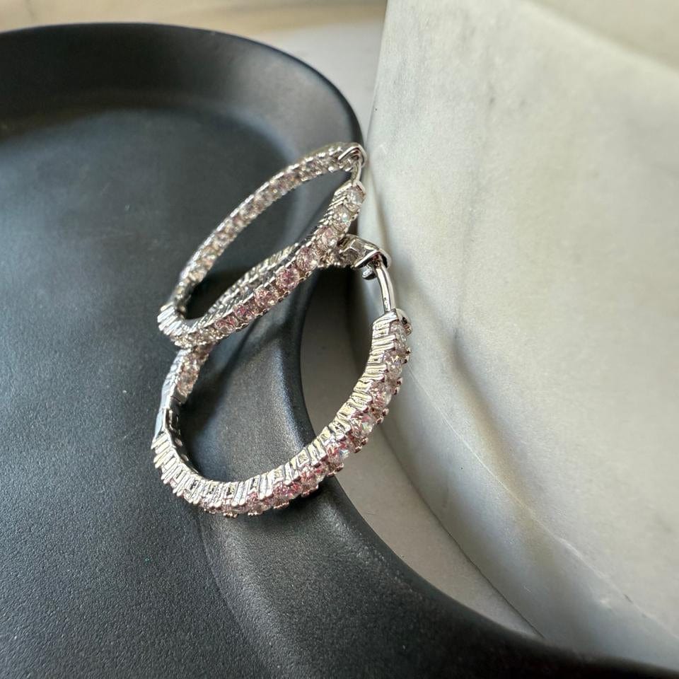 Suprene Bags Earrings Silver Zirconia Eternity Hoop Earrings