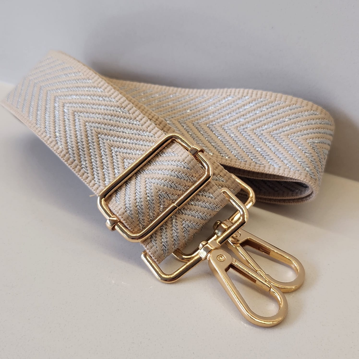 Suprene Bags Handbag & Wallet Accessories Beige and Silver Bag Strap - Chevron