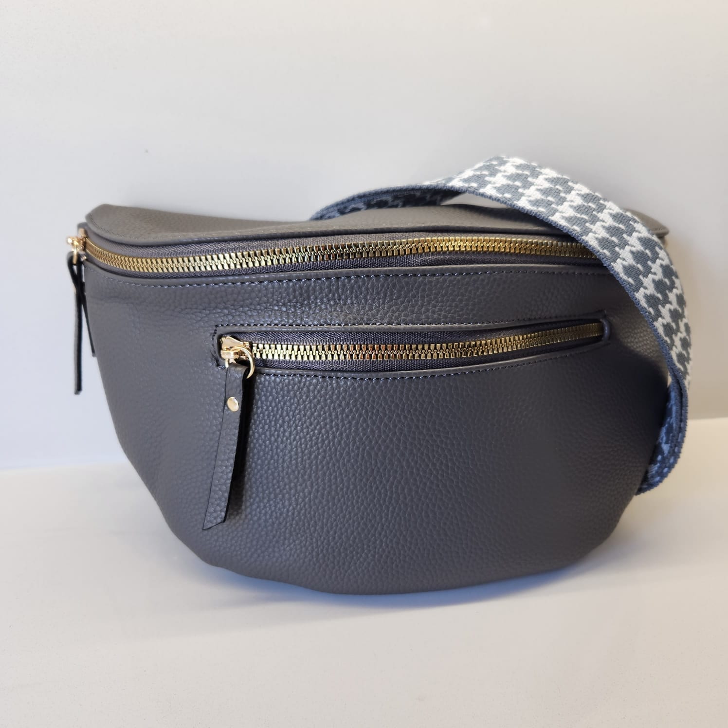 Suprene Bags Handbags Grey Double Zipper Compact - Gold Hardware