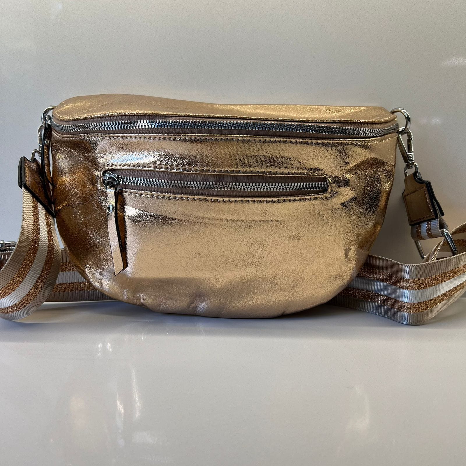 Suprene Bags Handbags Rose Gold Double Zipper - Gold Hardware